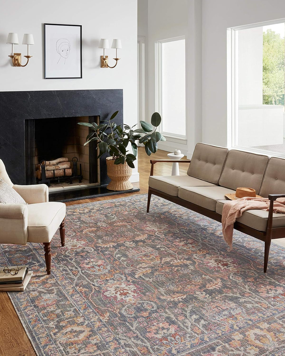 Chris Loves Julia Rosemarie 6'-3" X 9' Area Rug in Stone/Multi - Classic No-Shed Area Rug, Soft Living Room Rug, Antique Inspired Modern Rug for Living Area, Bedroom, Dining Room
