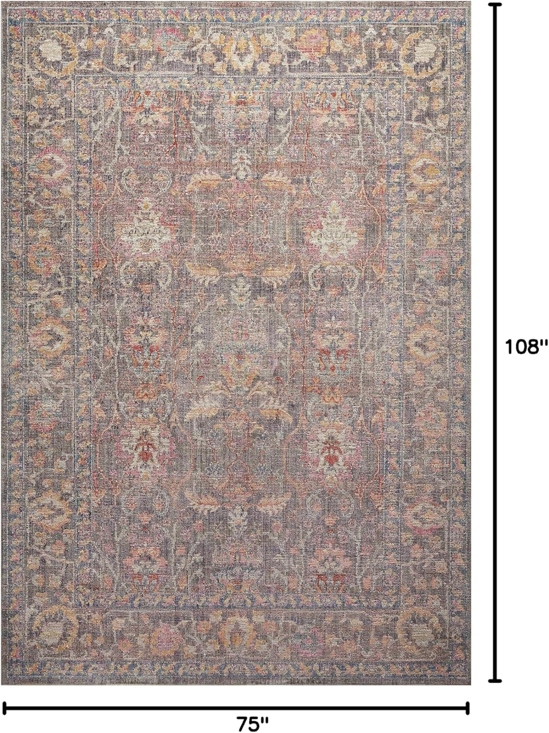 Chris Loves Julia Rosemarie 6'-3" X 9' Area Rug in Stone/Multi - Classic No-Shed Area Rug, Soft Living Room Rug, Antique Inspired Modern Rug for Living Area, Bedroom, Dining Room
